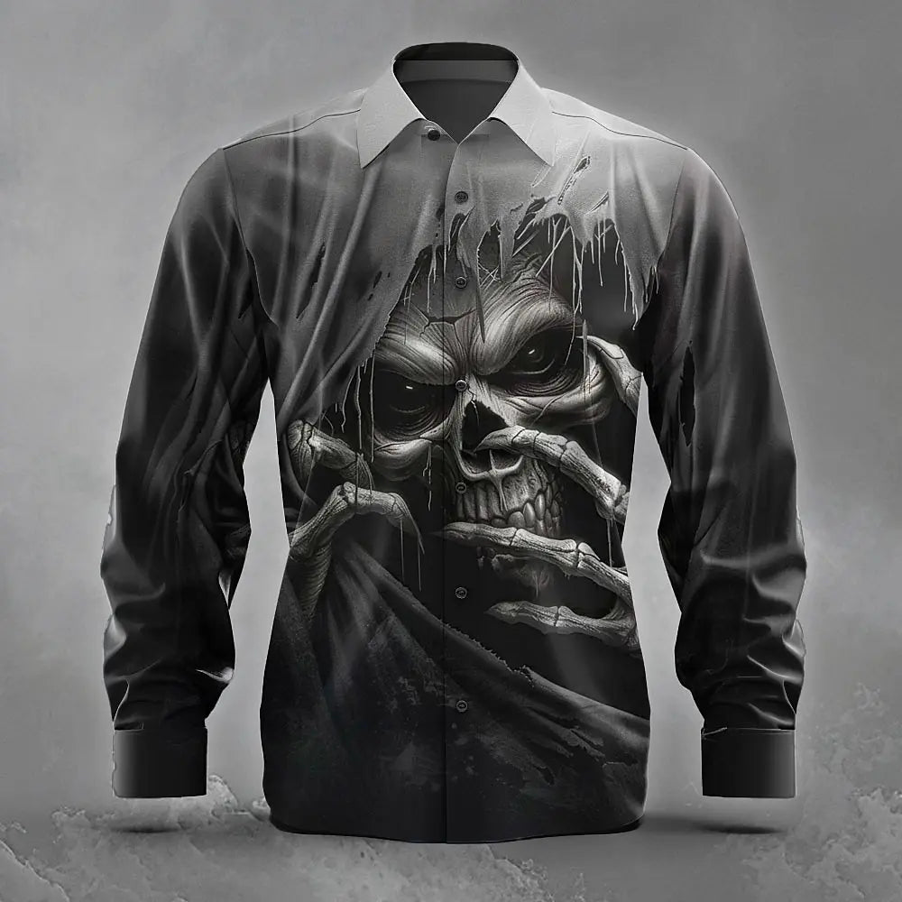 Men's Skull Death Ripped Shirt Button Up Shirt Long Sleeve Dark Punk Gothic Style Streetwear Turndown 3D Print Collared Shirts