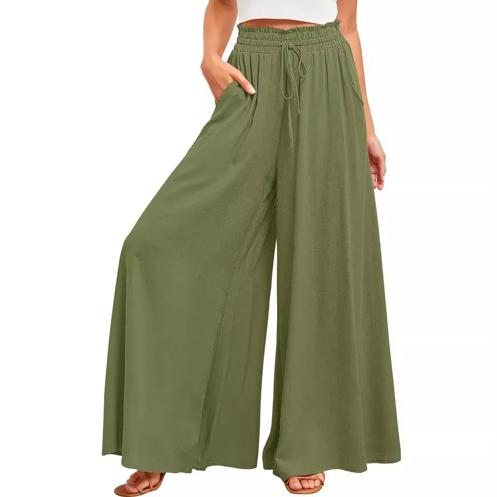 Women's Elastic Long Palazzo Pants Casual Urban Style Tie Detail Polyester Blend Woman Clothes Female Clothing Women's And
