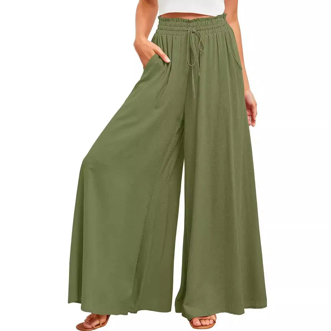 Women's Elastic Long Palazzo Pants Casual Urban Style Tie Detail Polyester Blend Woman Clothes Female Clothing Women's And
