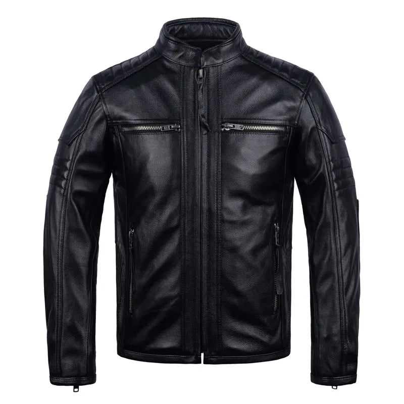 AYUNSUE Pure Cowhide Men Leather Jacket Fashion Stand Collar Short 100% Genuine Cow Leather Real Jacket Slim-fit Motorcycle Wear