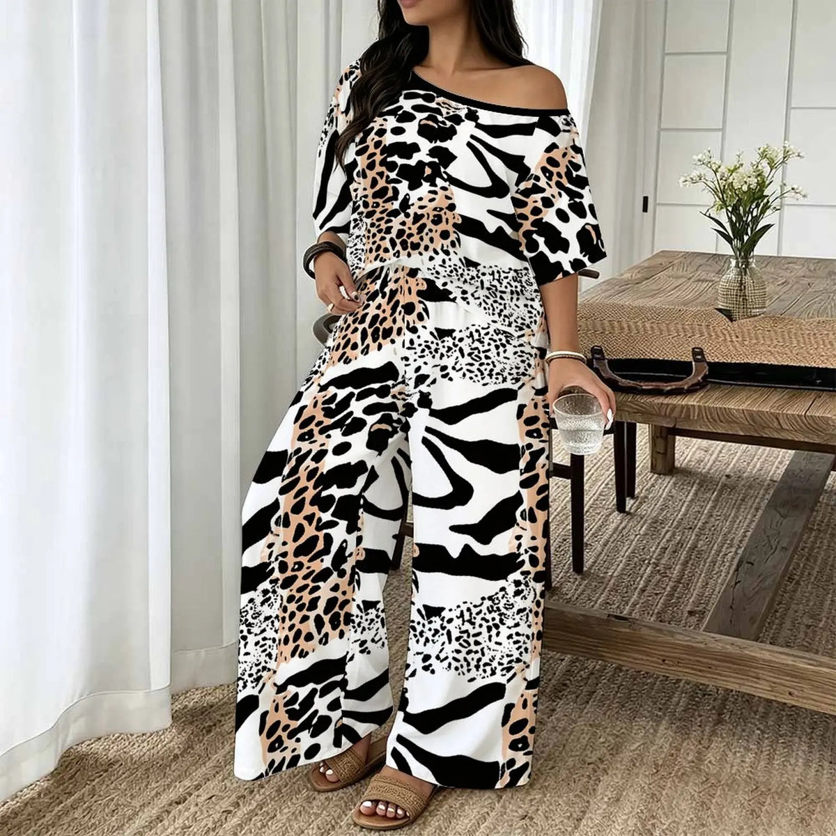 Plus Size Women Spring/summer Fashion Print Two Piece Off-shoulder  Round Neck T-shirt Casual Vacation Long Pants