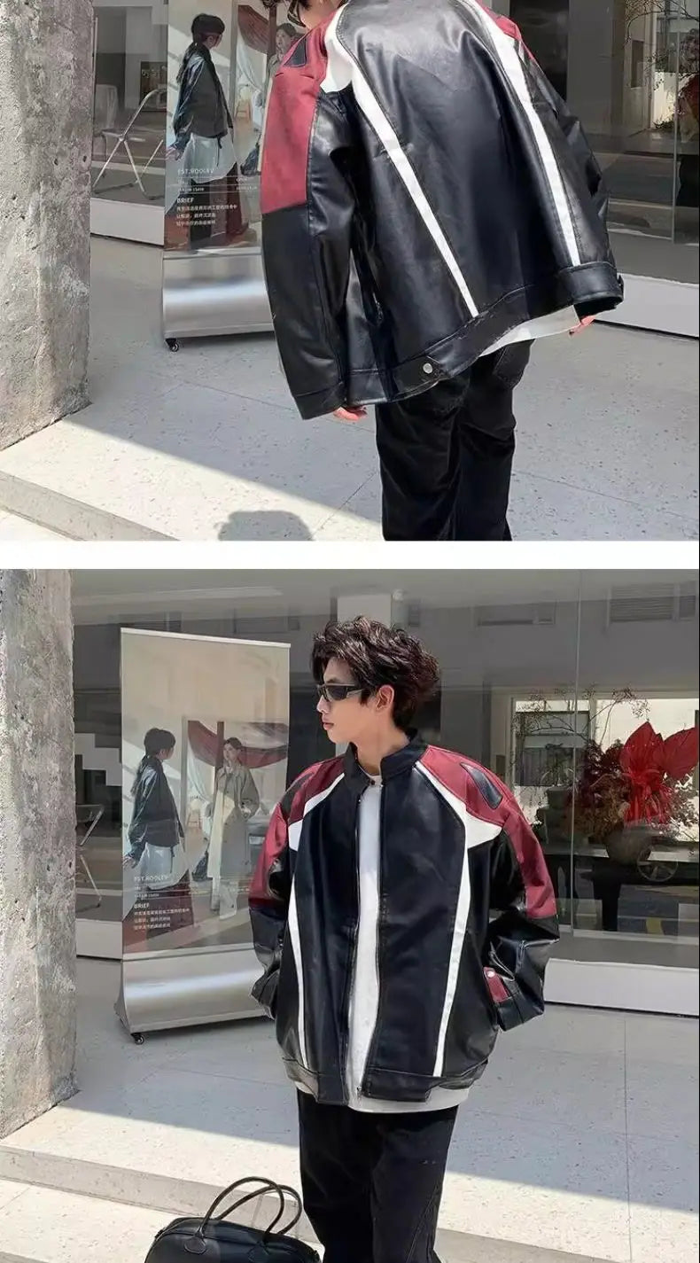 American Retro Motorcycle Jacket Men Women's High Street Spring Autumn Contrasting Color Splicing Design Handsome Bomber Coat