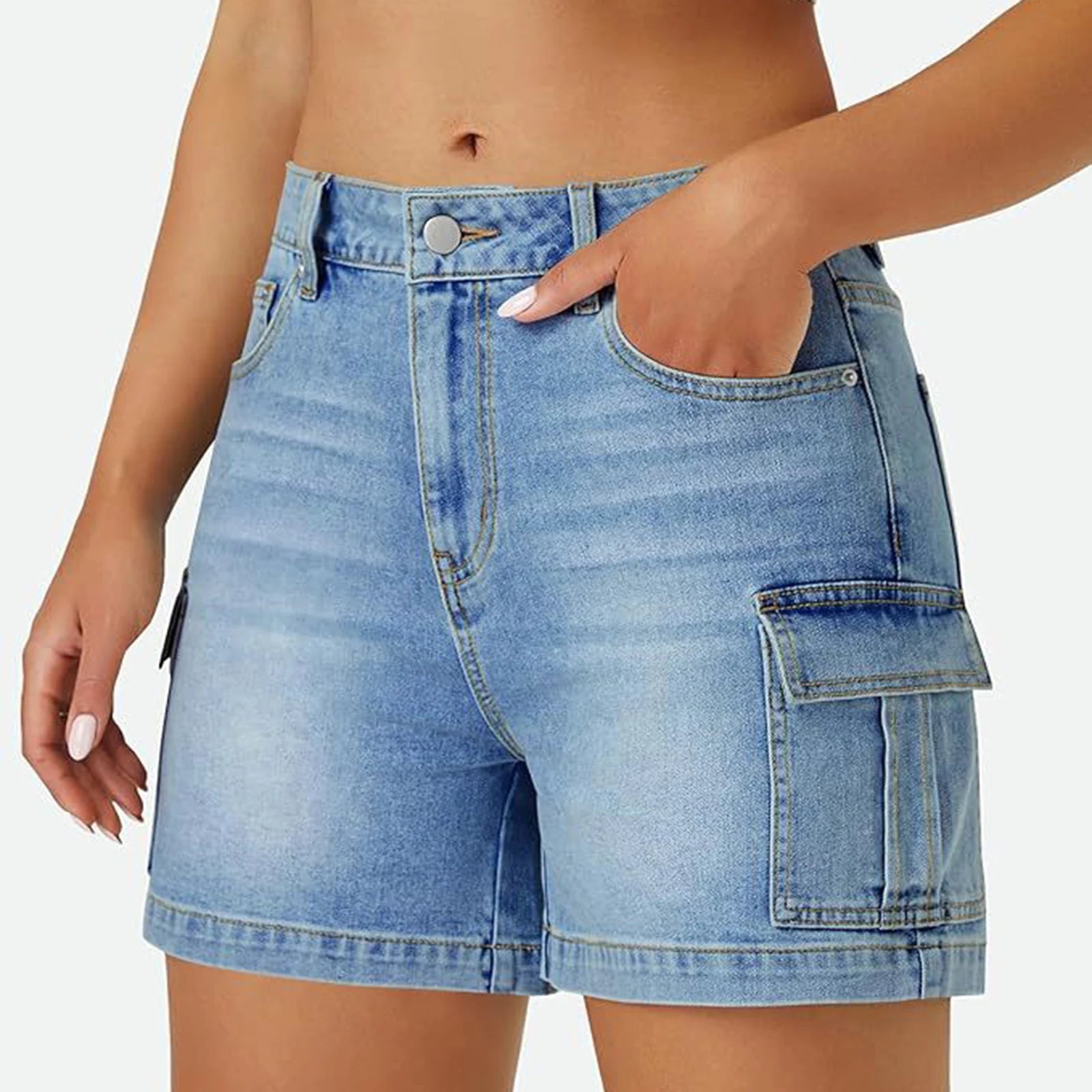 Solid Color Women's Denim Shorts Summer Wear High Waist Slim Cargo Jeans Bottoms Daily Use Soft Comfy Stretch Ladies Casual Pant