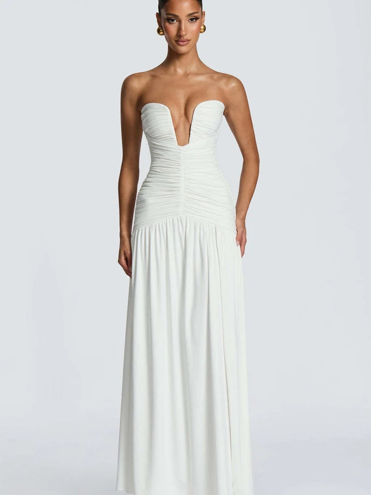 Women Elegant Deep V-neck Pleated Strapless Dress Chic Off-shoulder Backless Split Maxi Dresses 2026 Lady Evening Party Vestidos