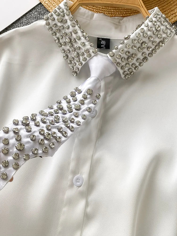 Luxury Rhinestone Turn down collar shirt for women 2025 New Shiny Satin Tie blouse Loose Black White Elegant Tops INKEO 5T031