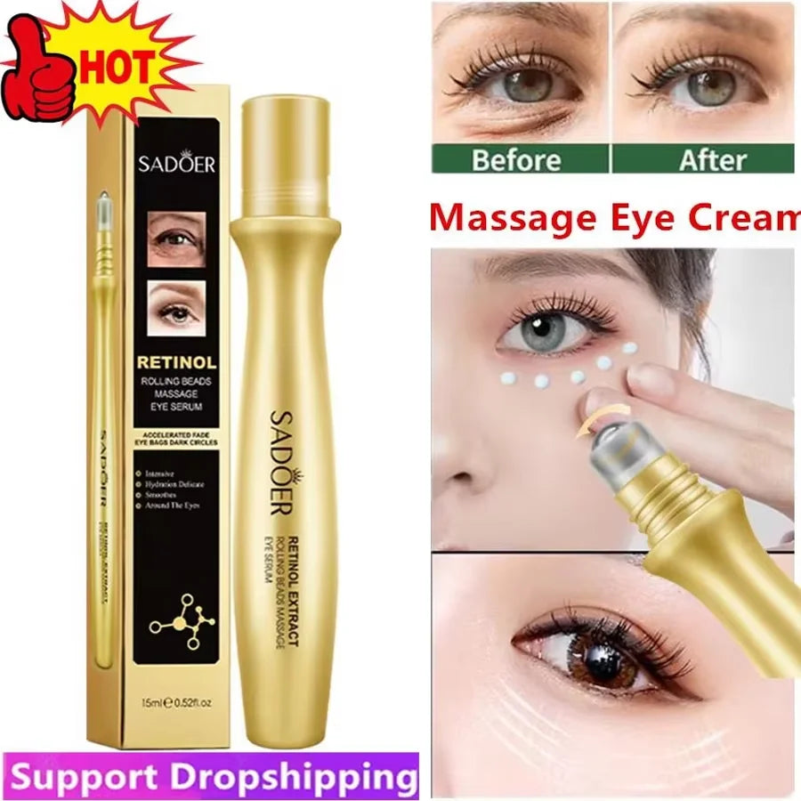 Instant Eye Bag Removal Rolling Beads Massage Serum Retinol Anti-Wrinkle Firm Skin Anti Dark Circle Puffiness Brighten Eye Care