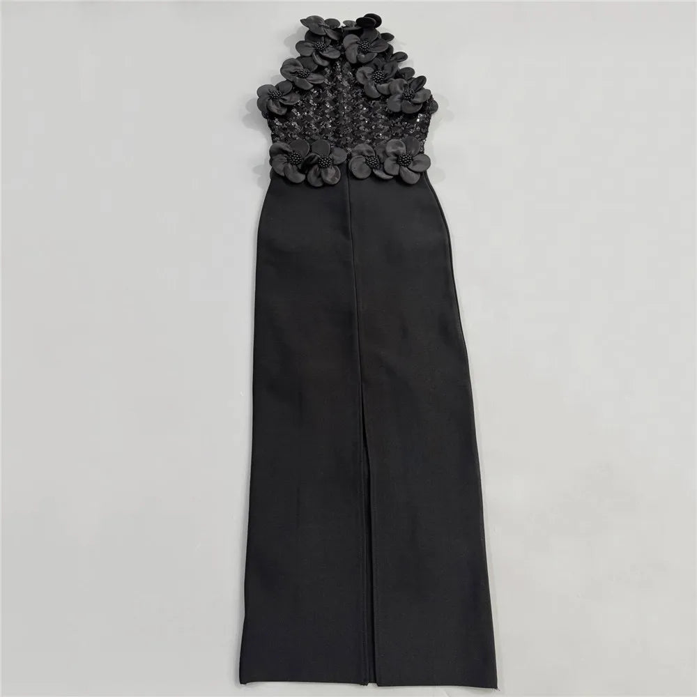 Women Fashion Flower Beading Sequins Patchwork Bandage Dress Celebrity Party Sleeveless Elegant Dresses
