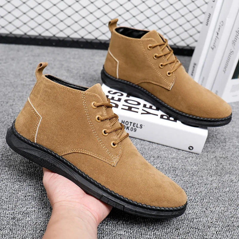 High Top Casual Grey Suede Shoes Men's Lace Up Black Flat Bottom Short Boots Men's Chelsea Boots High-quality Brand Denim Boots