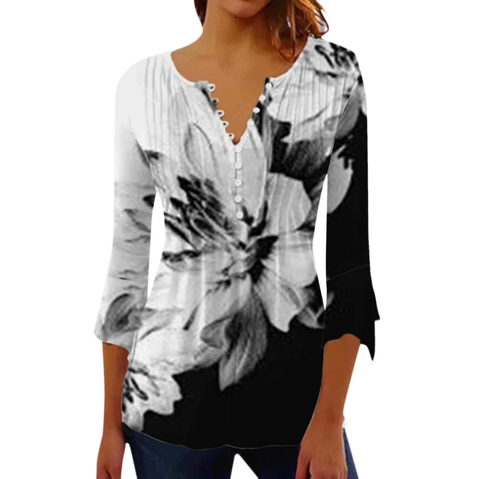 Women's V-Neck Button-Down T-Shirt Street Fashion Clothing New Summer High Quality Loose Casual Seven-Quarter Sleeve T-Shirt