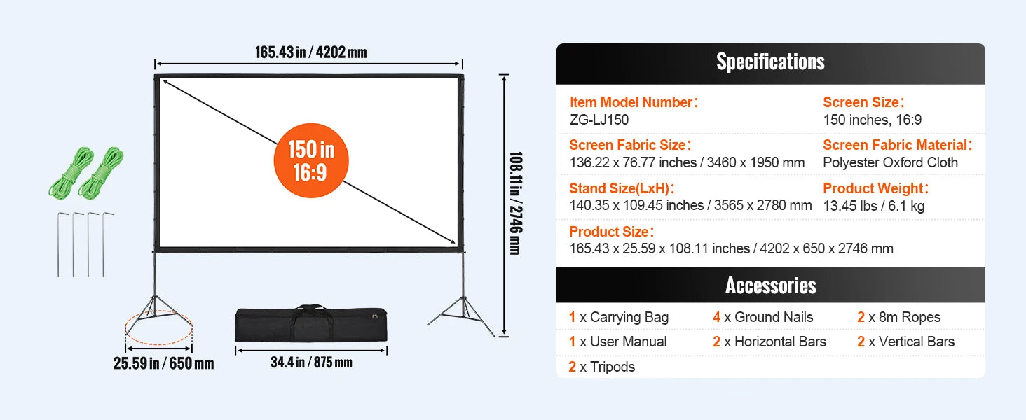 SucceBuy Projector Screen w/ Stand 150in 16:9 4K 1080 HD Portable Projection Screen for Home Office Garden Moive Theater Cinema