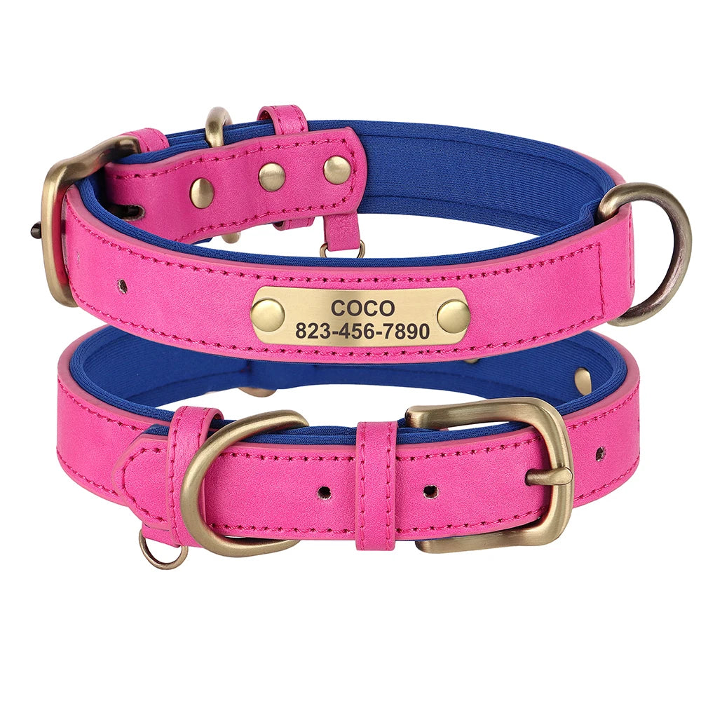 Free Custom Dog Collar Soft Padded Dogs Collars Personalized PU Leather Pet Necklace Adjustable for Small Medium Large Dogs Pug