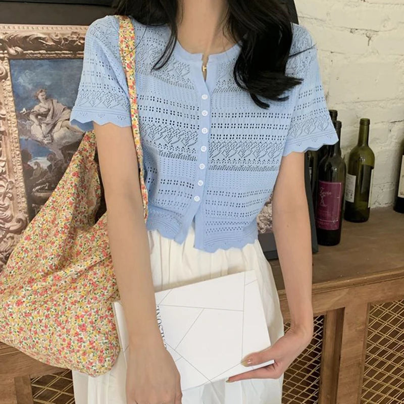 Chic Hollow Out Knitted T-Shirt Women 2026 Summer Button Up Short Sleeve Crop Tee Woman All Match Round Neck T Shirt Female