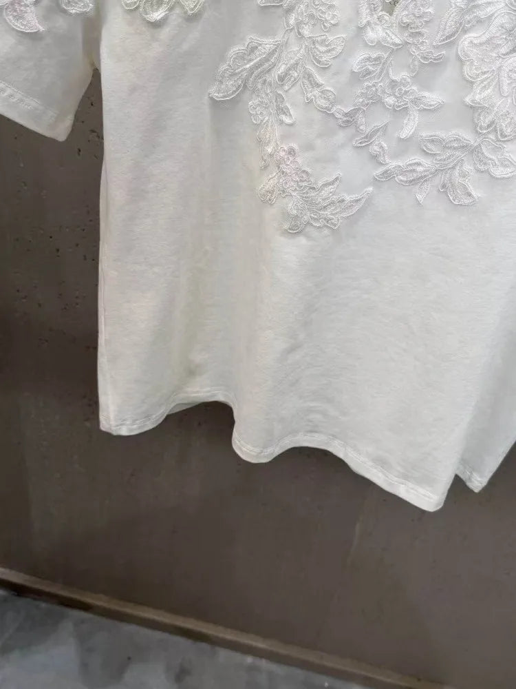 New 2026 Summer Women Casual T Shirts Short Sleeve Spliced Lace Embroidery Solid Color Ladies Fashion O Neck Pullover Tees Tops