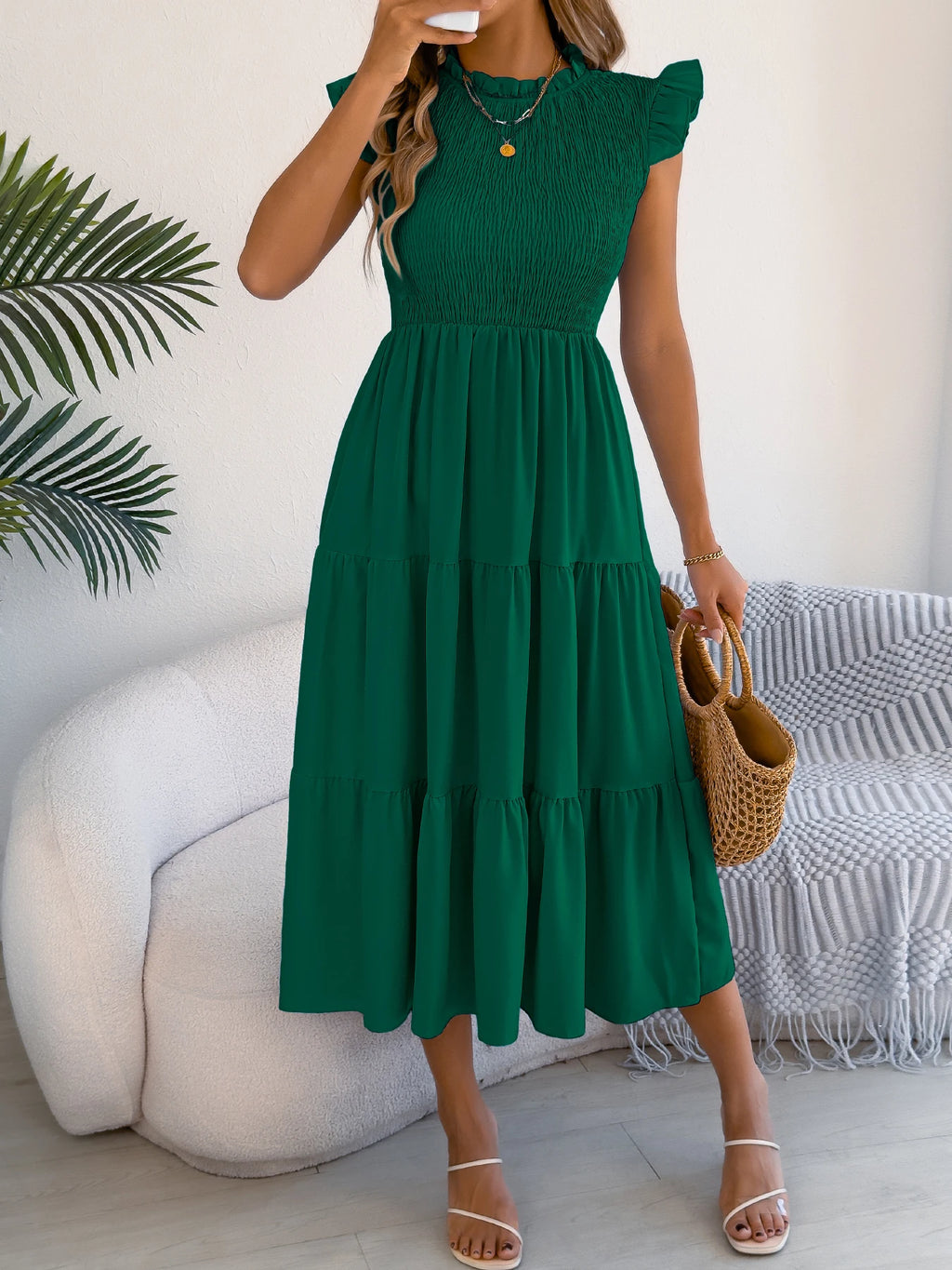Spring Summer Elegant Ruffled Dresses for Women 2026 Casual Vacation Solid Color Round Neck Sleeveless Long Dress Blue Green