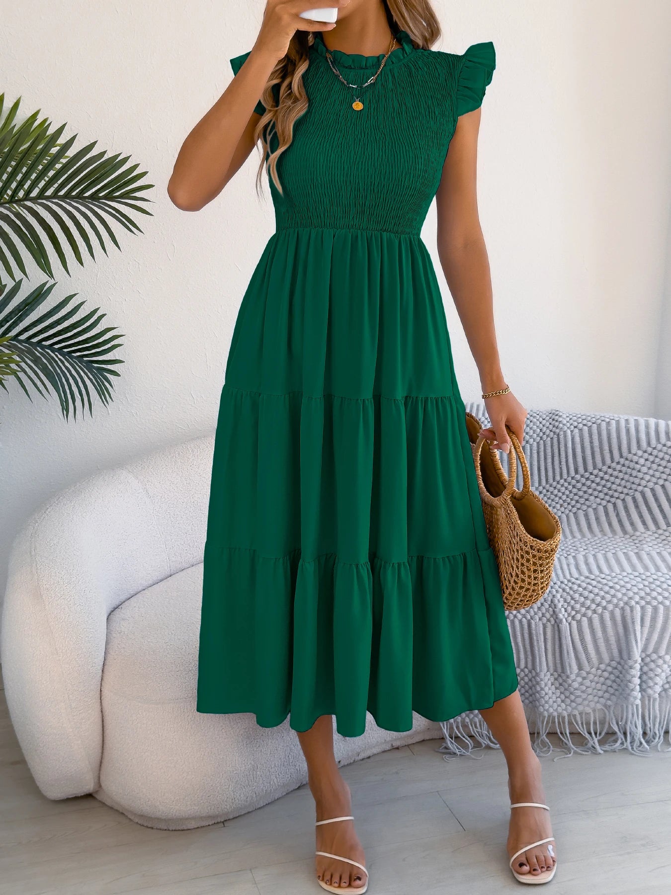 Spring Summer Elegant Ruffled Dresses for Women 2026 Casual Vacation Solid Color Round Neck Sleeveless Long Dress Blue Green