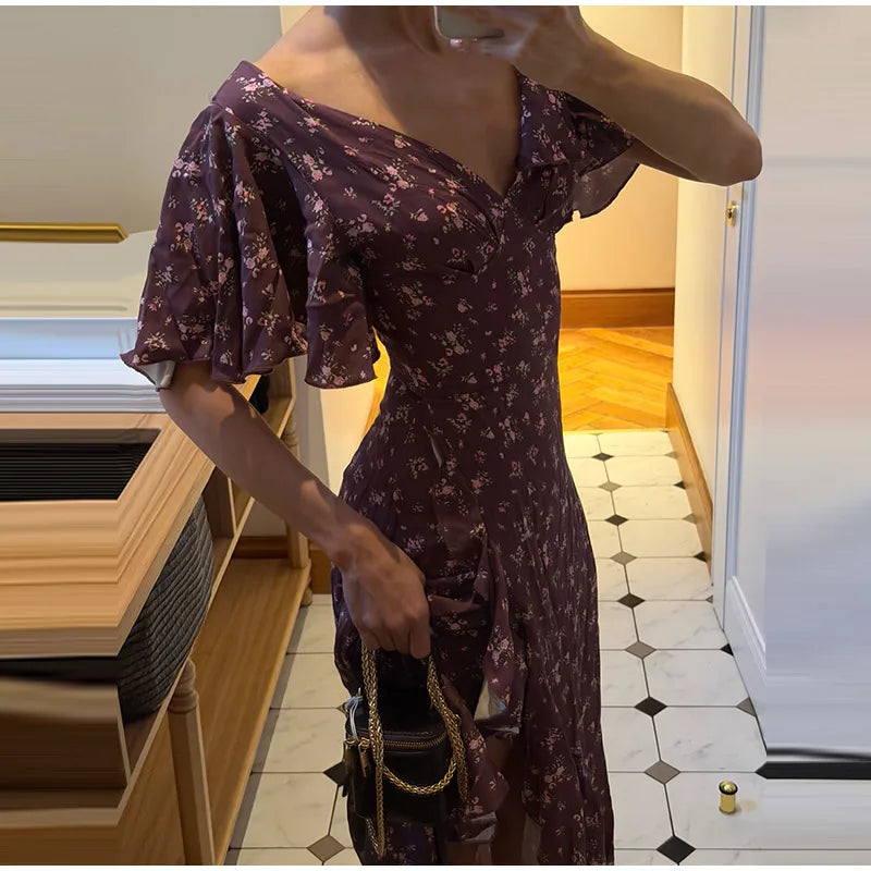Elegant Women's Printed Lotus Leaf Long Dress Slim High Waist V-neck Short Flared Sleeve Backless Slit Dresses 2026 Summer Robe