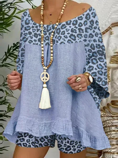 Linen Blouse Tops And Loose Shorts Suit Vintage Two Piece Set Print Sets Female Leopard Patchwork Outfit