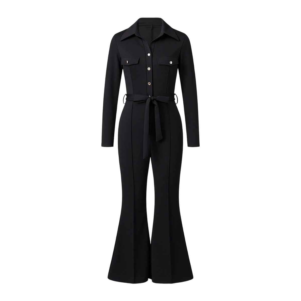 Women's Flare Pants Jumpsuit Solid Color Long Sleeve Lapel V-Neck Button Down Slim Fit Rompers with Belt