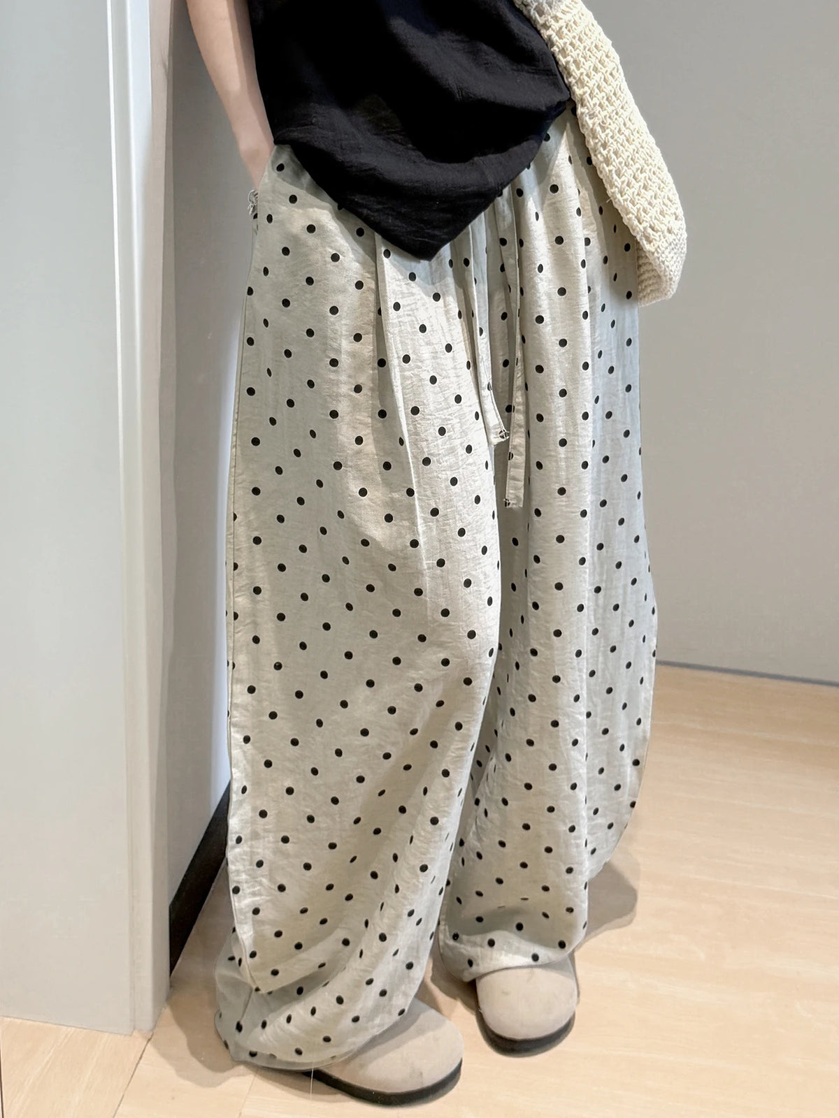 Linen Polka Dot Wide-Leg Pants for Women's Summer, Thin High-Waisted Loose and Laid-Back Style Yamamoto Pants, Casual Straight-L