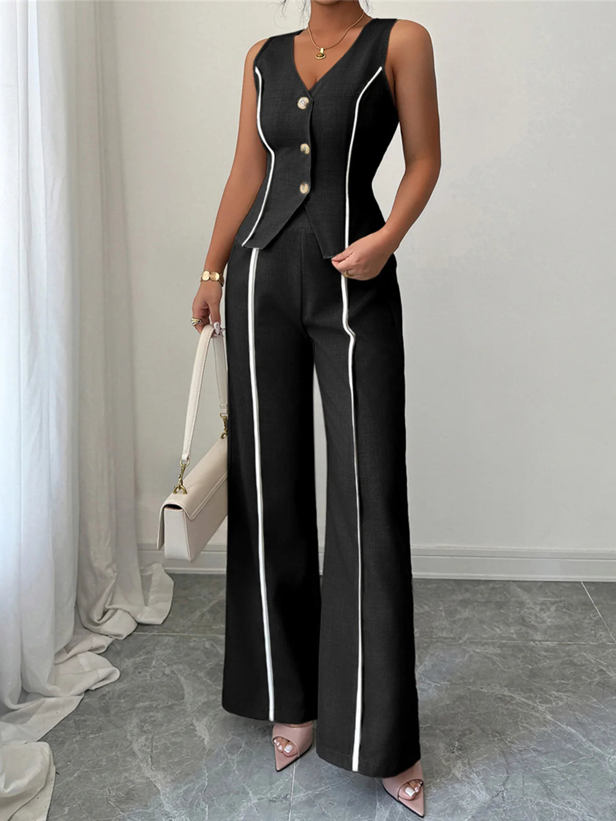 S - XL Sleeveless V Neck Vest Solid Women Suits 2 Pieces Sets Female Leisure Elegant Pants Formal Pantsuit Outfit For Women M127