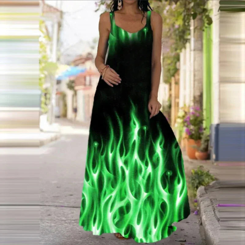 Women's Fashionable Flame Printed Sleeveless Dress  Summer Casual Printed Long Dress