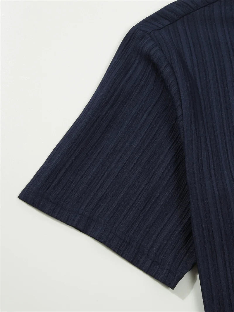 spring Summer Men Sets short-sleeve cardigan lapel shirt+trousers suit men's fashion 2 pieces tracksuit striped leisure suit