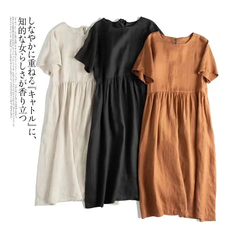 Summer Cotton Linen Blended Thin And Breathable Dress Women Literary Big Swing Short Sleeve Solid Loose Casual Female Dresses