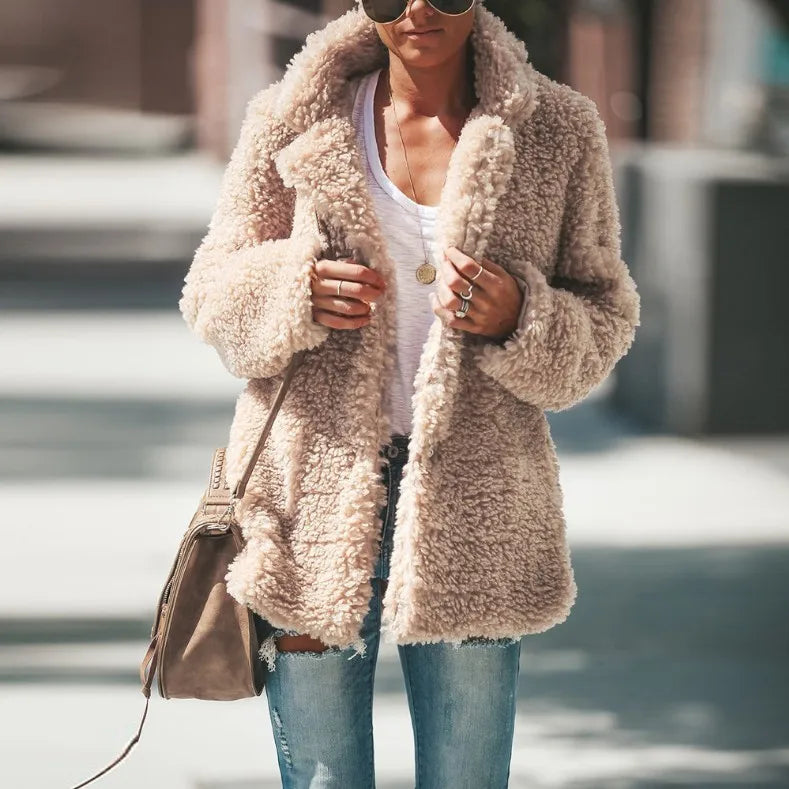 Autumn and Winter Loose Warm Plush Hot  Lapel Solid Color Long-sleeved Jacket Cardigan Europe and America 2025