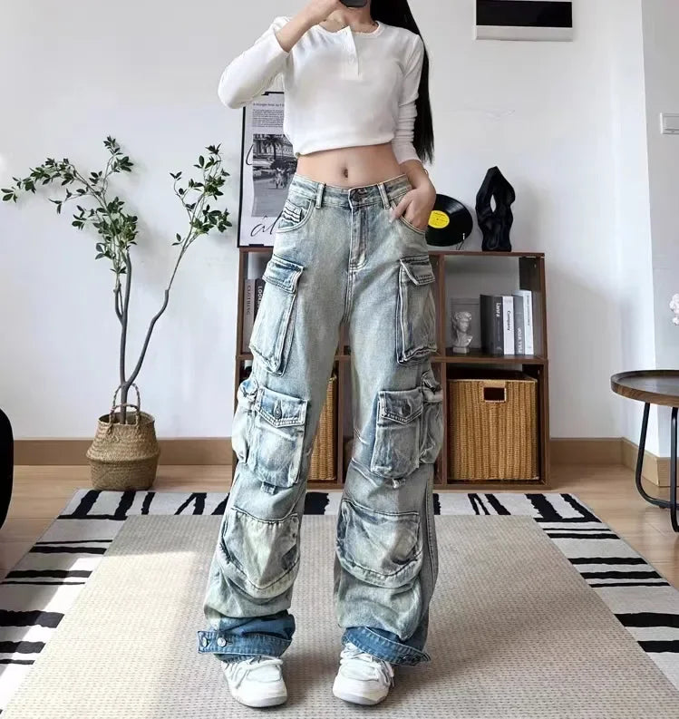 Jeans Women Denim Distressed Multi Pocket Y2k Streetwear Cargo Pants Casual High Waist Zipper Fly Winter Gradient Mom Jeans