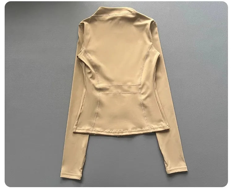 Windproof Fitted Yoga Jacket for Women-Thickened Stand Collar Long Sleeve Cardigan for Running Gym/Fall Cycling with Quick-Dry