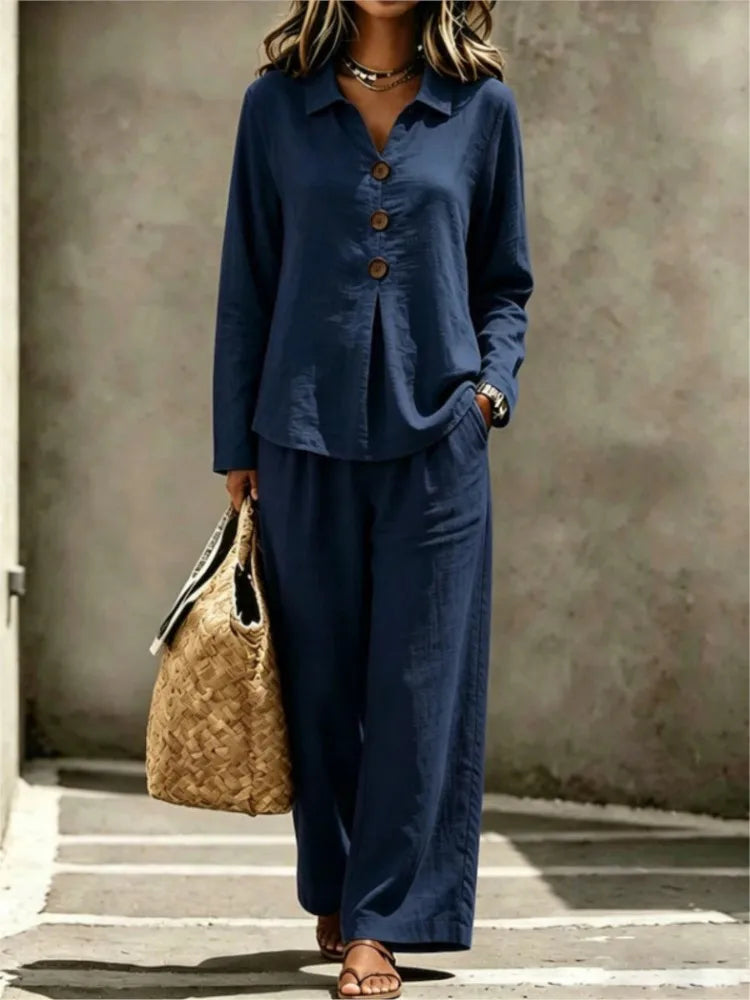 Women Solid Casual Two-piece Sets Autumn Lapel V-neck Button Long Sleeve Shirt Top & Wide-leg Pants Suit 2026 Commuting Outfits
