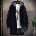 KIDWHXR 2026 Autumn Winter Men Fleece Cardigan Jacket Thicken Windproof Man Hooded Coat Mid Length Long Sleeve Male Sweater