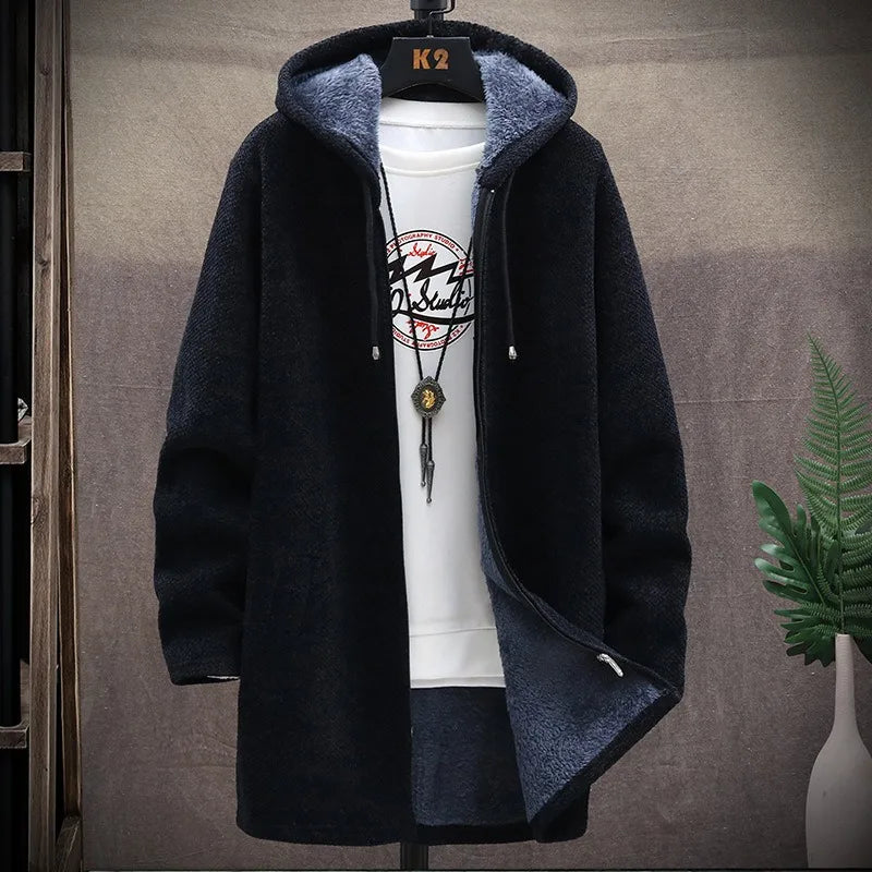 KIDWHXR 2026 Autumn Winter Men Fleece Cardigan Jacket Thicken Windproof Man Hooded Coat Mid Length Long Sleeve Male Sweater