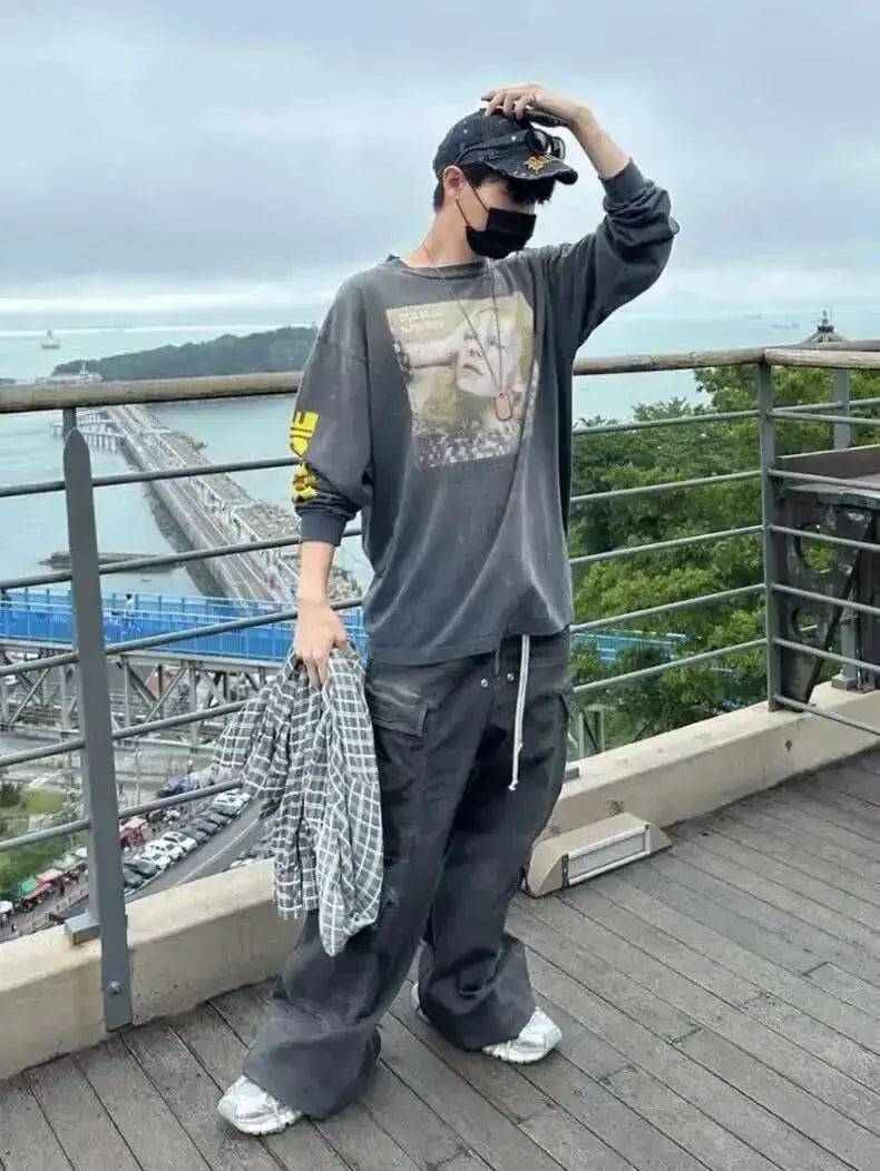 High Street Drawstring Zipper Sliced Wide Leg Cargo Pants Msn's Casual Loose Straight Trousers Loose Denim Pants