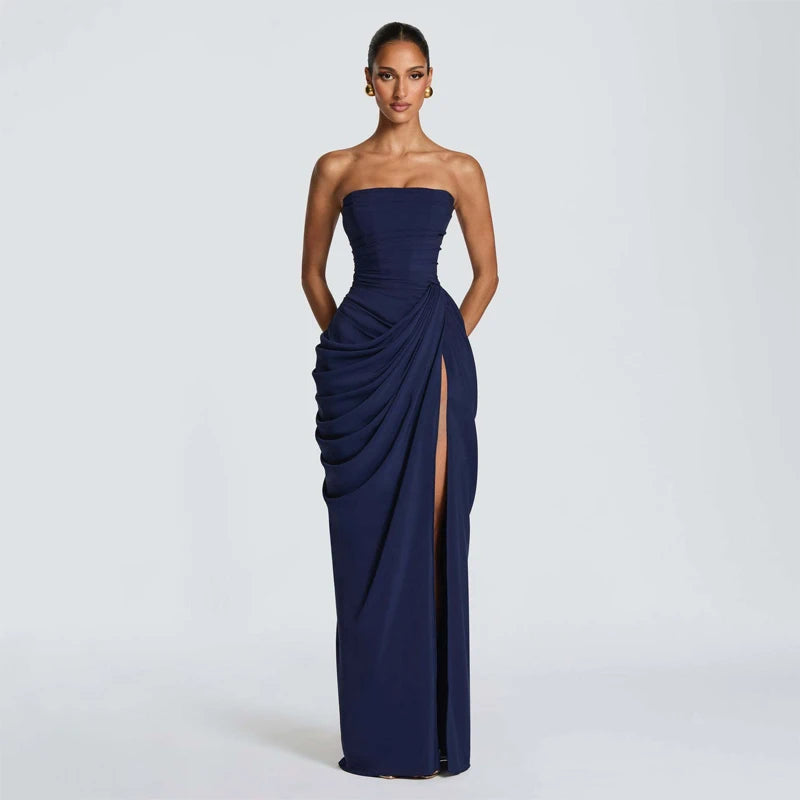 Elegant Yellow Strapless Pleated Long Dress Women Chic Solid Sleeveless Waist Cinching Split Gown 2026 Lady Evening Party Robes