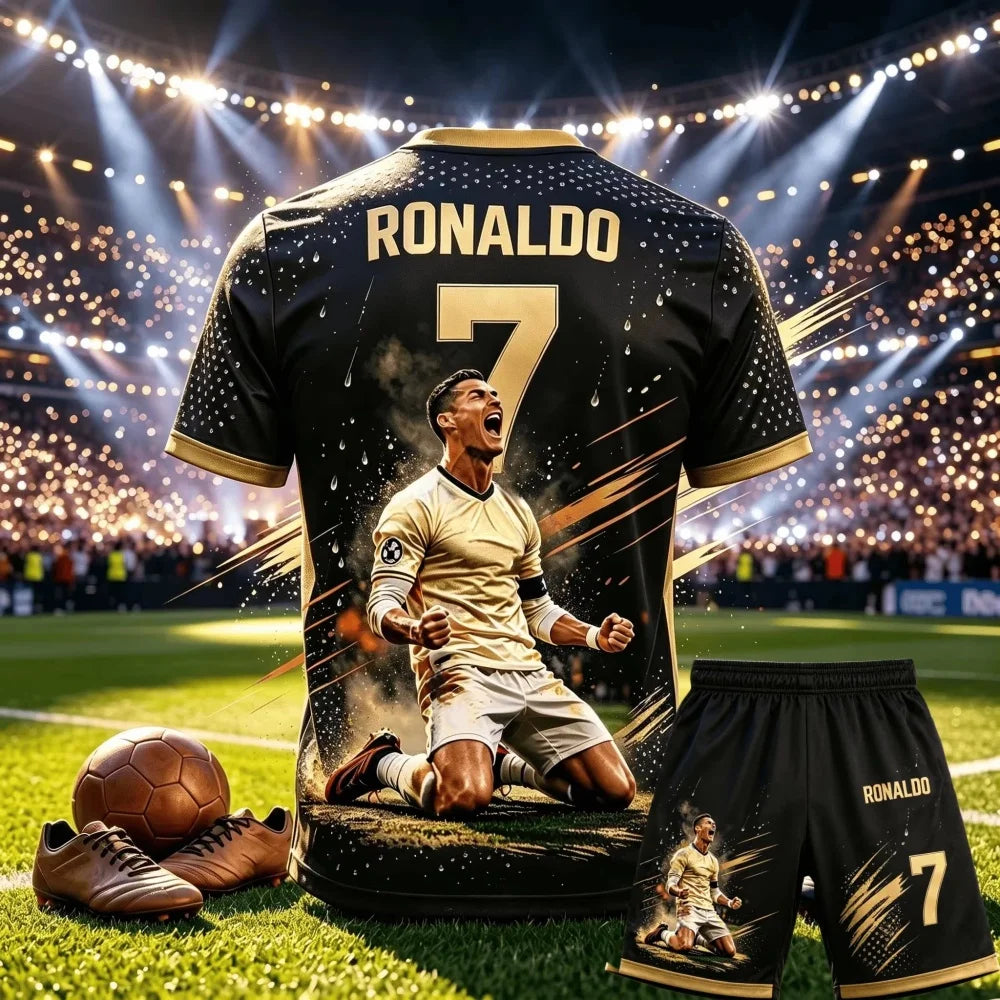 CR7 Ronaldo No.7 Theme Soccer Outfit Adult Children 3D Print Jersey Shorts Two Piece Sports Suit For Fans parent-child Clothing
