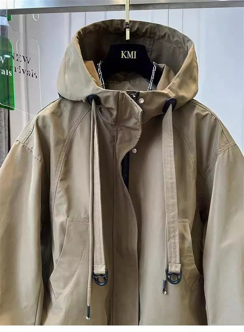 Korean Trench Coat Women 2026 Spring Autumn New Loose  Long Sleeve Casual All-Match Hooded Windbreaker Outerwear Ladies Overcoat