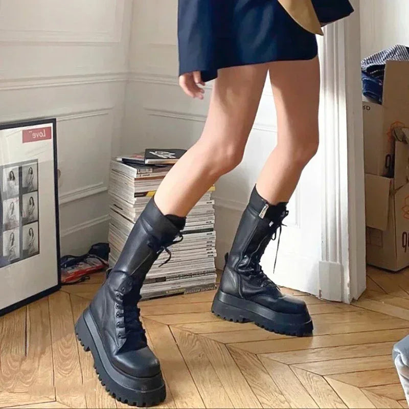 Chunky Women Motorcycle High Boots Fashion Lace Up Long Boots Platform Flats Autumn Winter Ladies Shoes