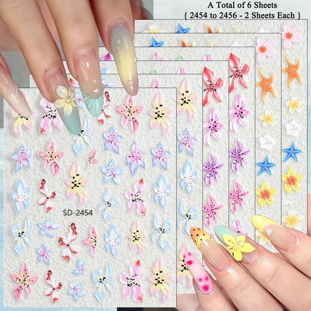 3 to 120 Sheets Tropical Flower Nail Stickers Hibiscus Butterfly Starfish Nail Decals 5D Embossed Self Adhesive Summer Nail Art