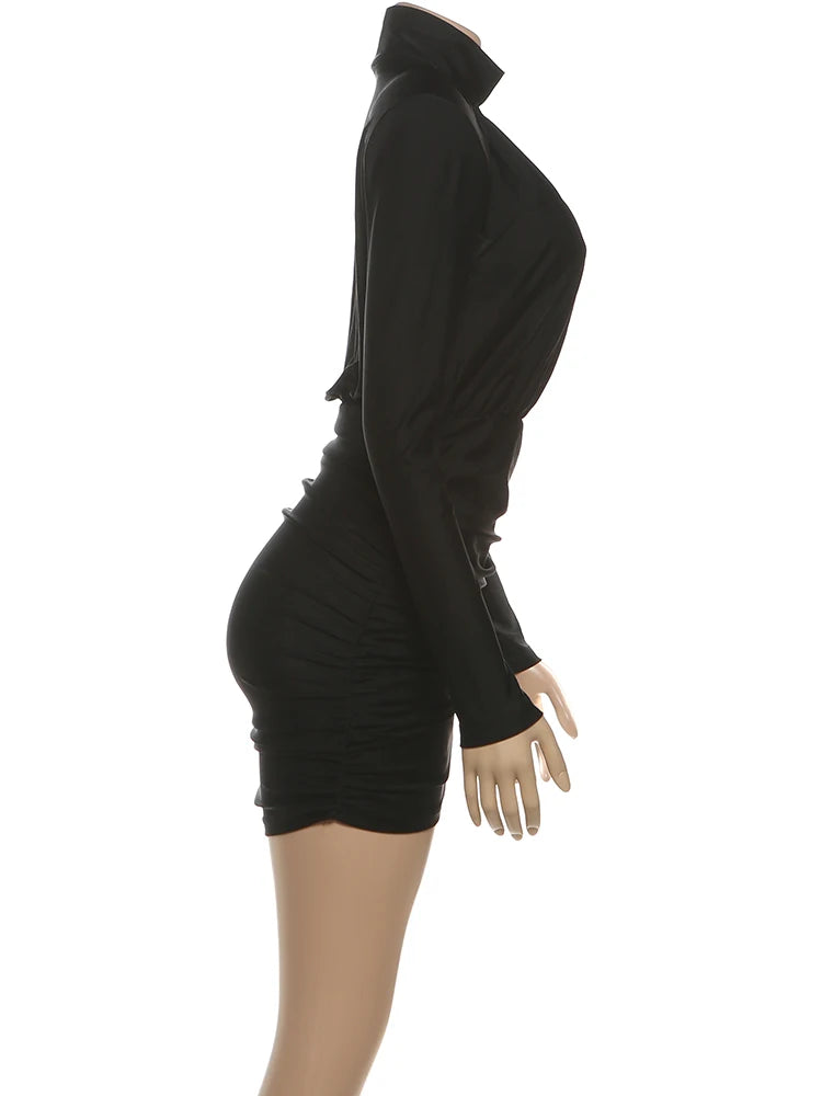 Sisterlinda Elegant Shoulder Padded Dress Women Turtleneck Ruched Sexy Classic Office Commute Simple Peach Hip Slim Mini Bodycon