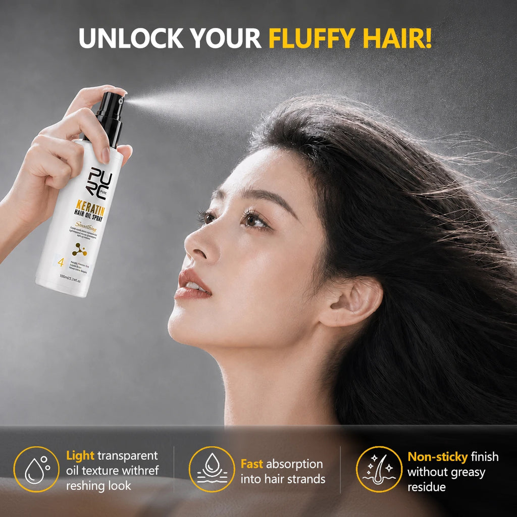 PURC Keratin Hair Oil Spray Salon Keratin Infusion Anti-Frizz Repair Shiny NonGreasy Lightweight 72H Smooth Dry Frizzy Hair Mist