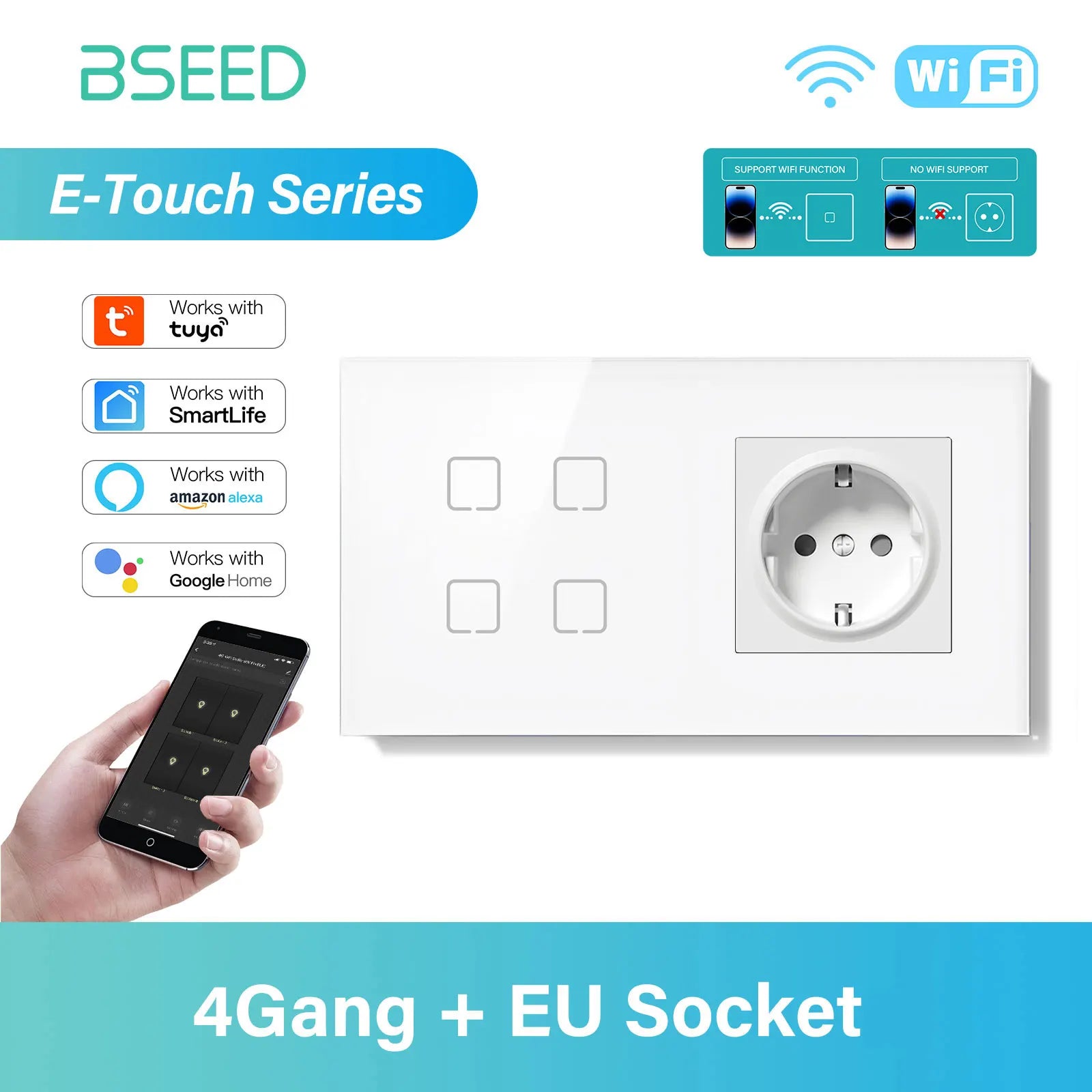 BSEED 1/2/3/4Gang WIFI Touch Switch Glass Panel Smart Wall Light Switch Touch Screen Phone Fast Charge USB C Socket E Series