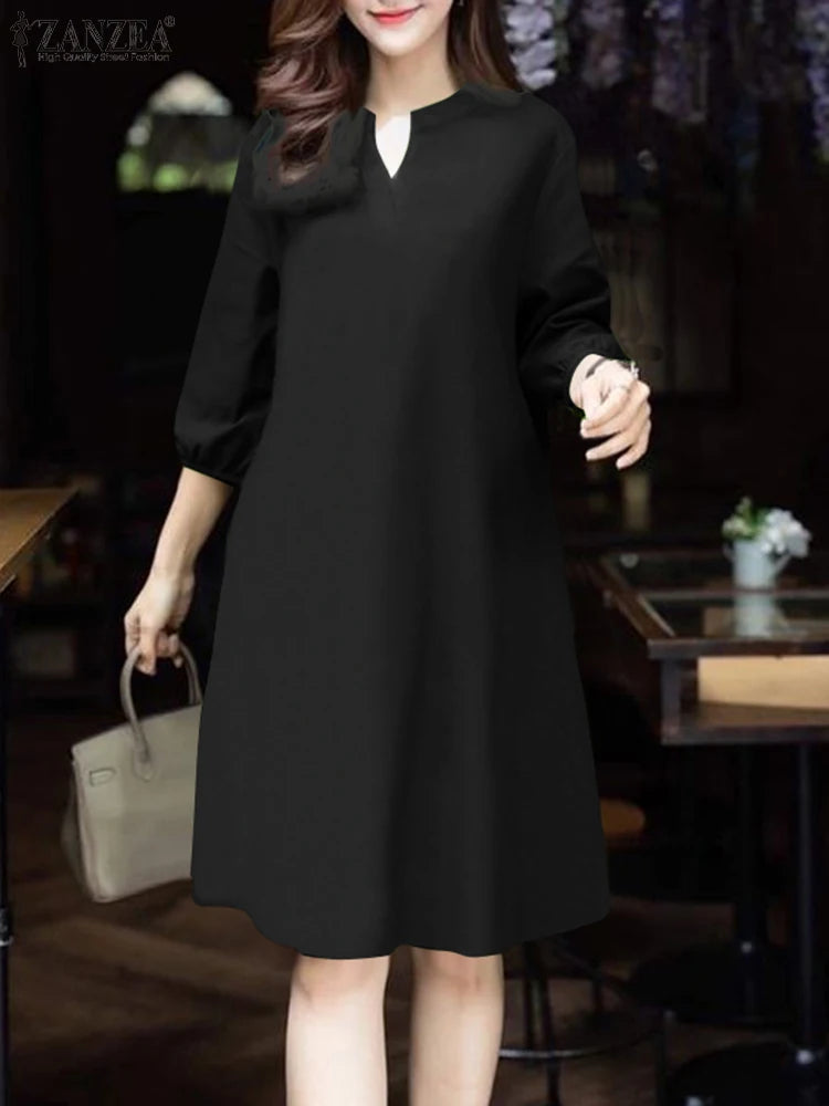 2025 ZANZEA Fashion Women V Neck 3/4 Sleeve Dress Autumn Sundress Elegant Solid OL Work Dresses Casual A Line Loose Vestido Robe