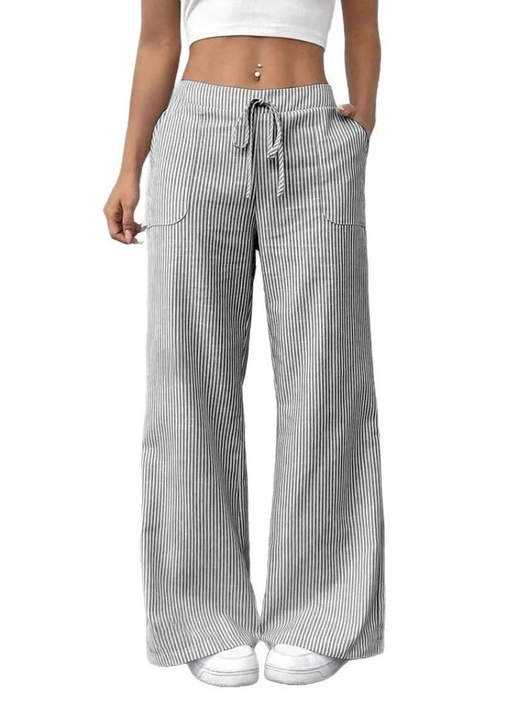 New Autumn Striped Drawstring Pants for Casual and Comfortable Street Fashion Loose Straight Leg Wide Leg Pants Trousers Women