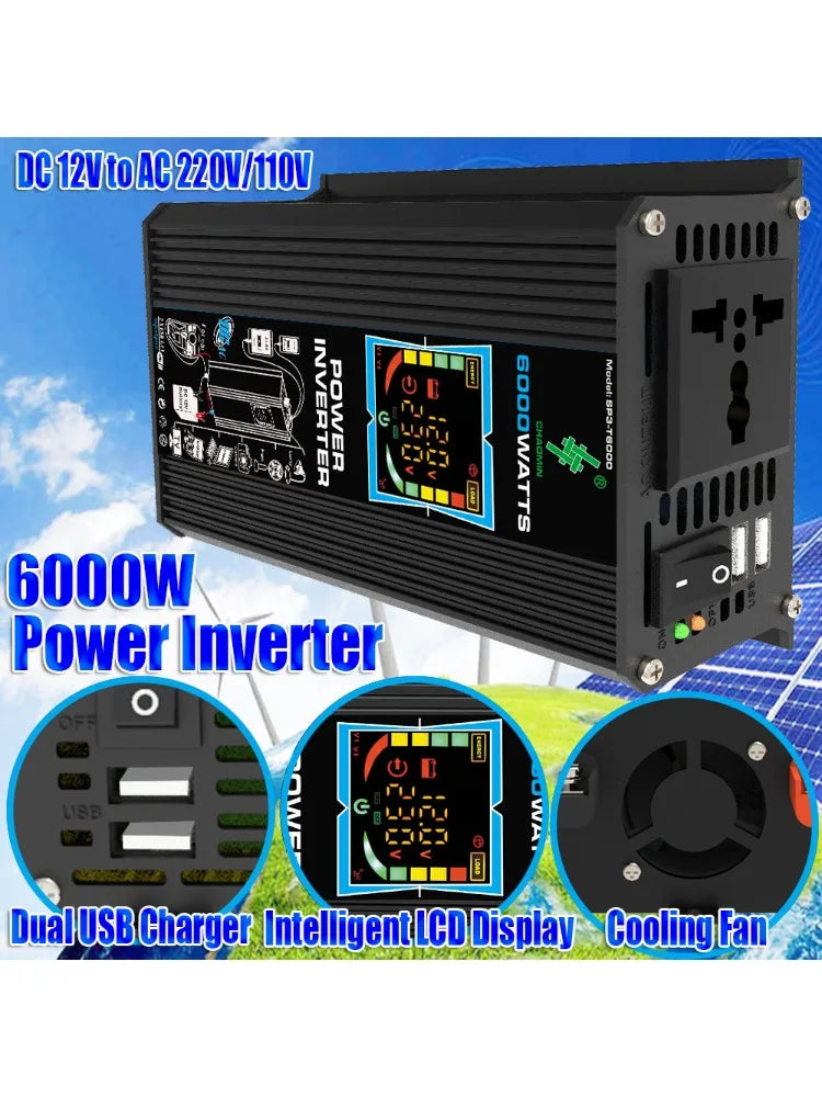 6000W Inverter DC 12V To AC 110V / 220V Vehicle Solar Power Inverter with Dual USB Digital Display for RVs and Small Appliances