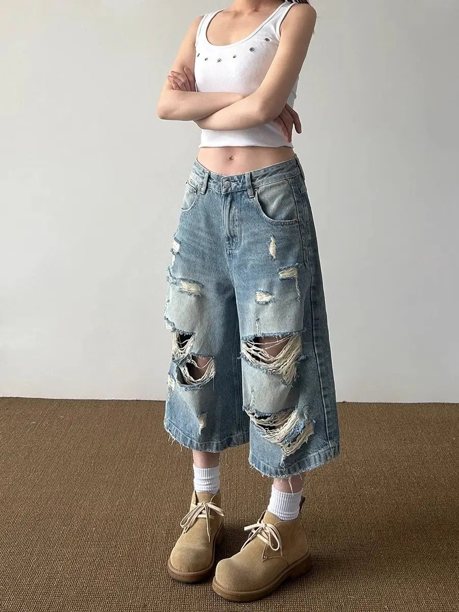 Vintage High Street Ripped Denim Seven-point Jeans Women's Summer Loose Drape Straight Wide-leg Pants