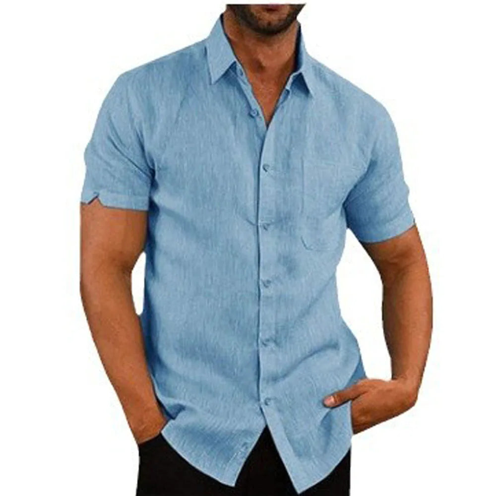 Men Pocket Blouse Tops Summer Male Turn Down Collar Button Short Sleeve Slim Solid Color Blouse Shirts YYCFS-19505