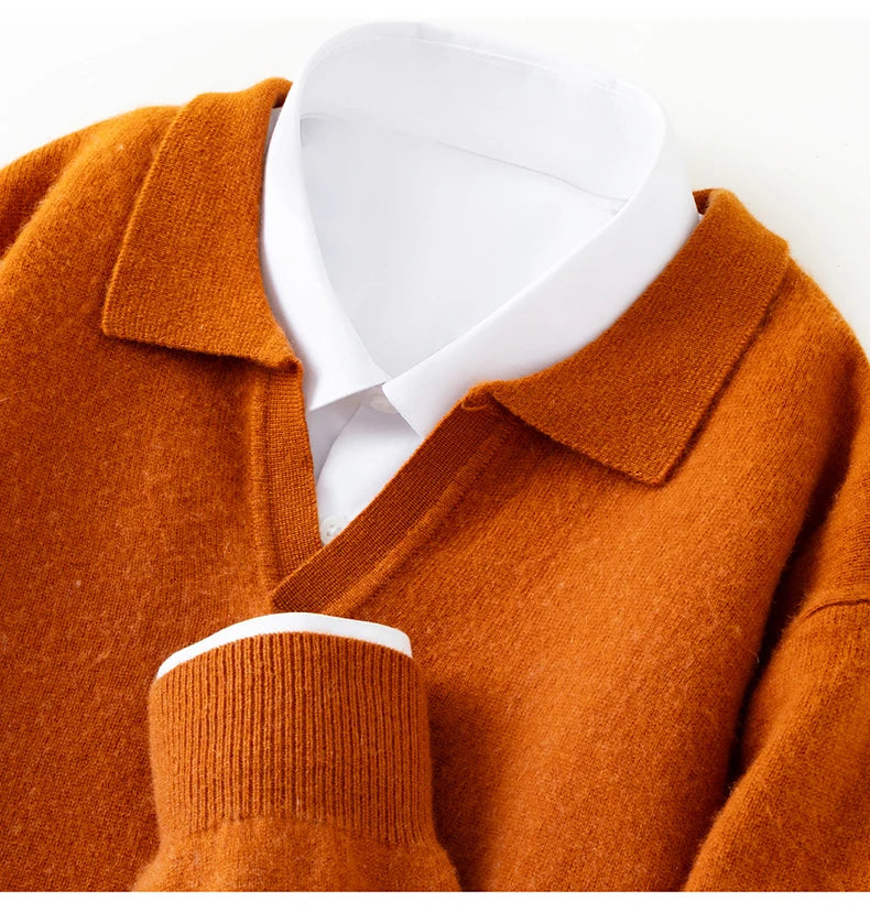 Autumn/Winter Men's 100% Pure Cashmere Pullover Business Casual Solid Knitted Sweater Loose Collar Tops Thick Warm Base Jumper