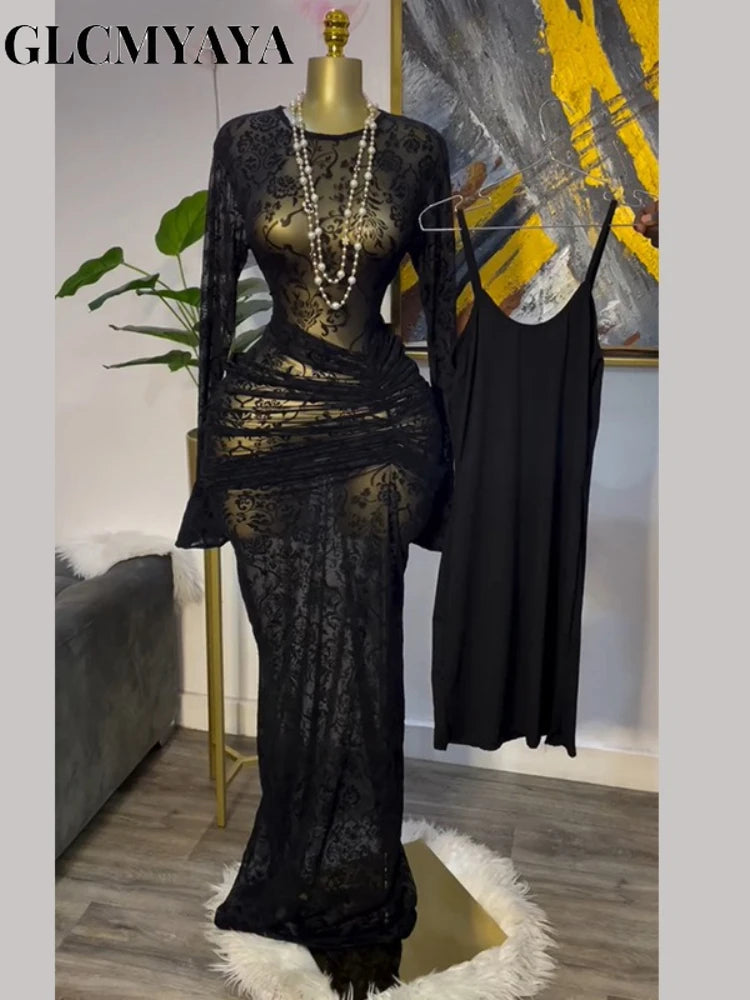 CM.YAYA Women Long Sleeve Ruched Mesh See Though with Lining Bodycon Long Dress 2025 Fall Evening Birthday Sexy Party Dresses