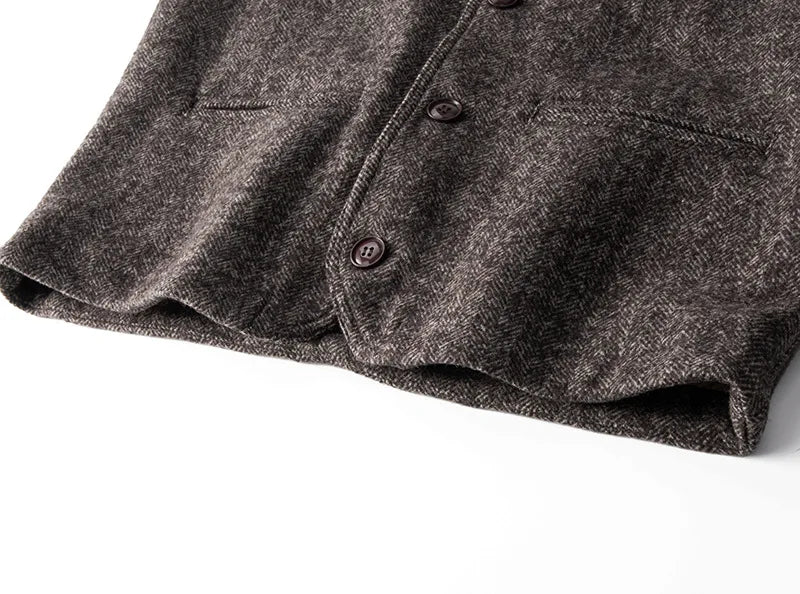 Good Quality Winter Fashion Men's Retro British Tweed Wool Vest Thick Double-Layer Multi-Pocket Suit-Collar Vest Warmth Top Male